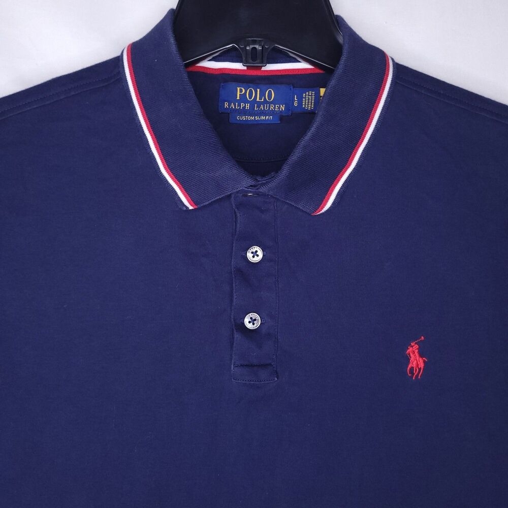 Ralph Lauren Polo Shirt Mens Large Newport Navy Tipped Collar Slim Fit
